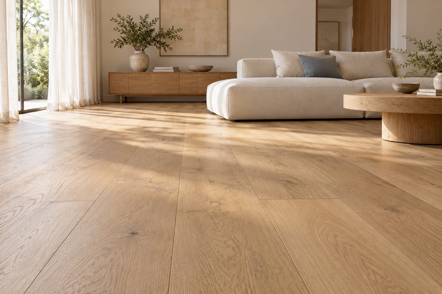 Piso amadeirado em sala com iluminação natural