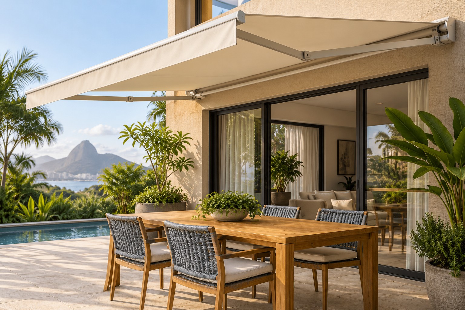 Toldo protegendo área externa de convivência
